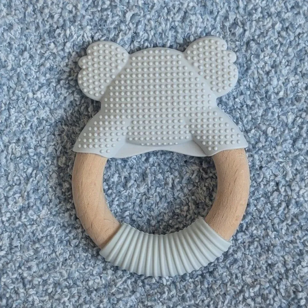 Baby Teething Ring Gray White Koala Silicone Accent Wood Ring